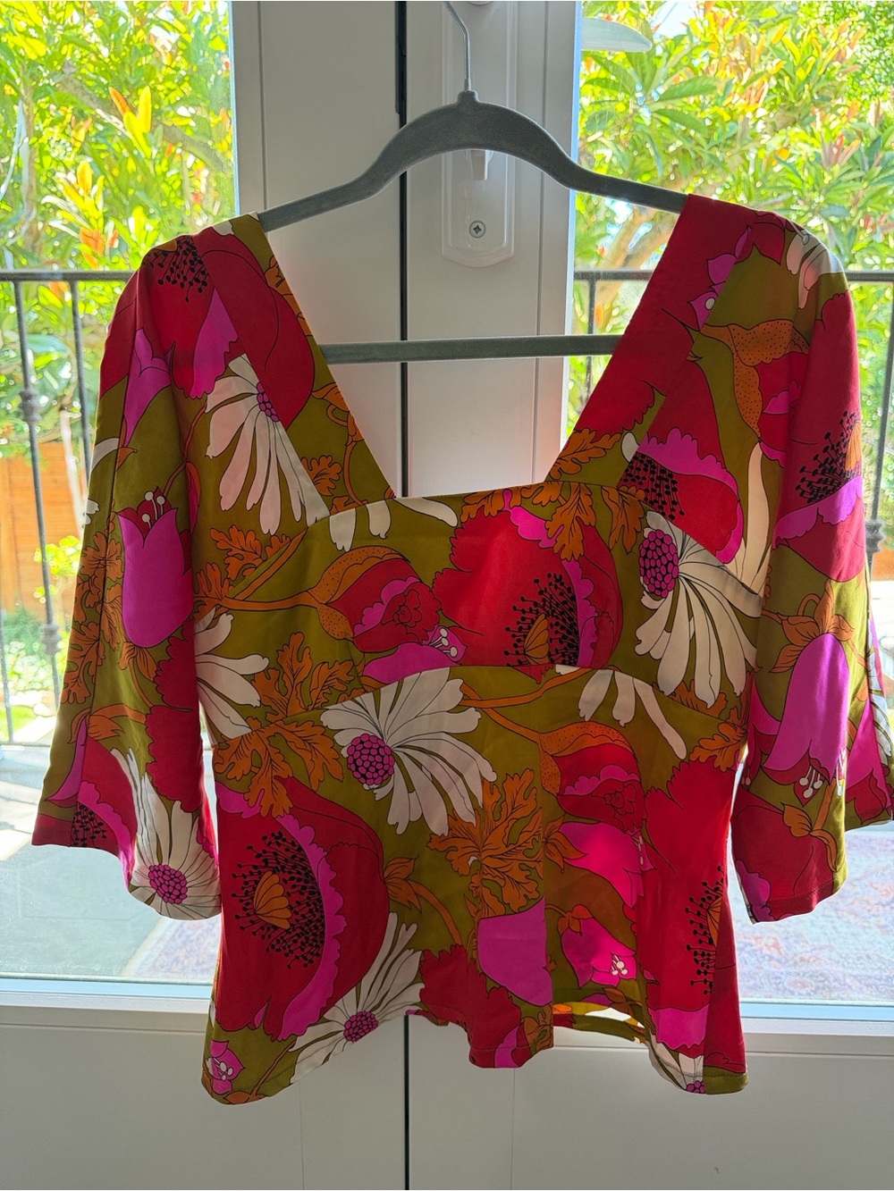 Trina Turk Floral Square-V Blouse in Pink, Olive & White